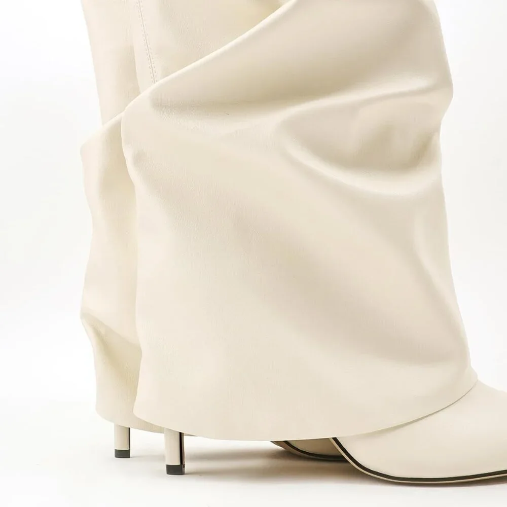 Women's White Knee High Fold Over Wide Calf Pointed Toe Long Heel Boot